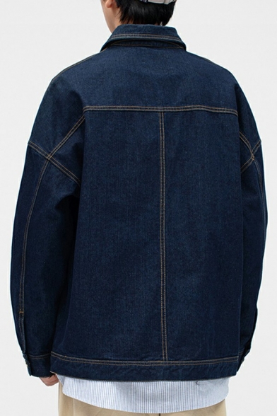 Cool Jacket Solid Color Button Embellished Pocket Relaxed Fit Long Sleeves Denim Jacket for Men