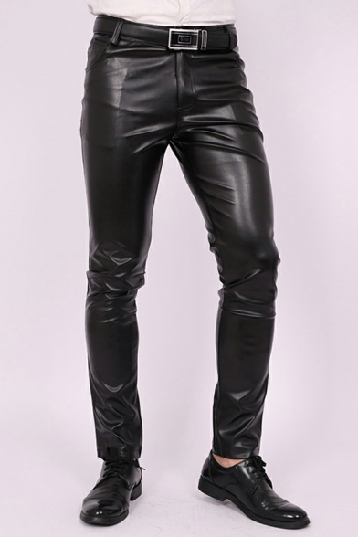 Cool Men Pants Whole Colored Full Length Mid Rise Slim Fitted Zip Down Leather Pants