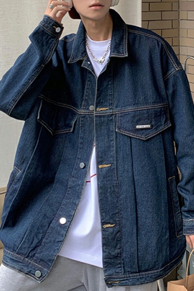 Dashing Jacket Plain Front Pocket Long Sleeves Lapel Collar Loose Button Closure Denim Jacket for Guys