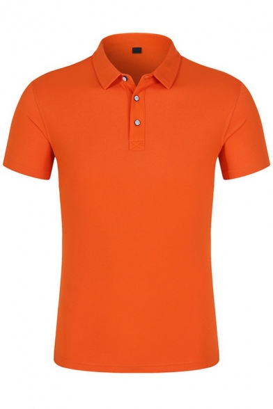 Dashing Polo Shirt Pure Color Button Detailed Lapel Collar Short Sleeve Relaxed Polo Shirt for Men