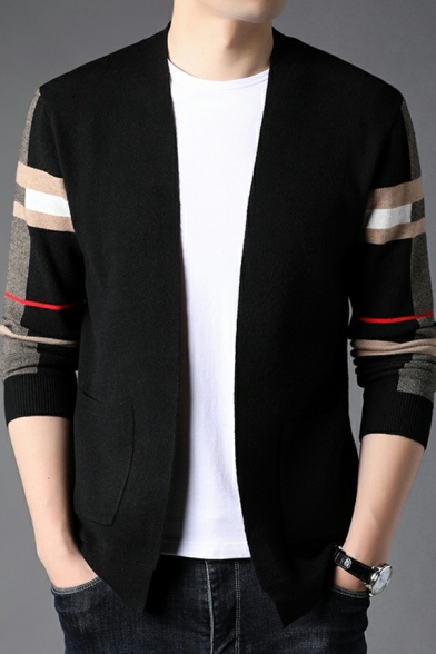 Edgy Mens Cardigan Contrast Line Pocket Detailed Slim Fitted Long-Sleeved Open Front Cardigan