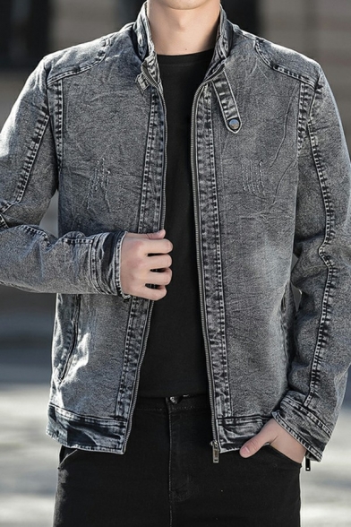 Edgy Mens Denim Jacket Solid Color Button down Long-Sleeved Turn down Collar Fitted Jacket
