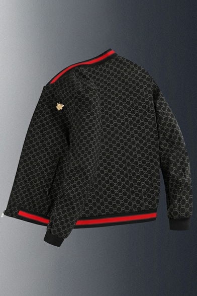 Fashionable Mens Baseball Jacket Logo Printed Full of Pattern Zip Closure Stand Collar Long Sleeves Fitted Baseball Jacket