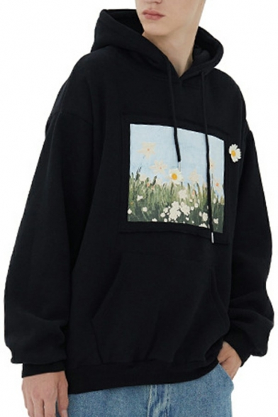 Fundy Hoodie Drawstring Flowers Front Pocket Long-Sleeved Regular Fit Hooded Sweatshirt