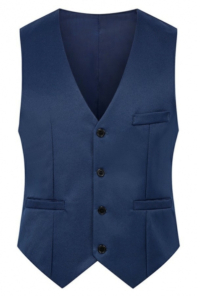 Guys Modern Suit Vest Plain Button Fly V-Neck Pocket Designed Slimming Suit Vest