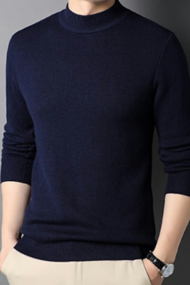 Guys Retro Sweater Plain Mock Neck Long Sleeves Regular Fitted Sweater