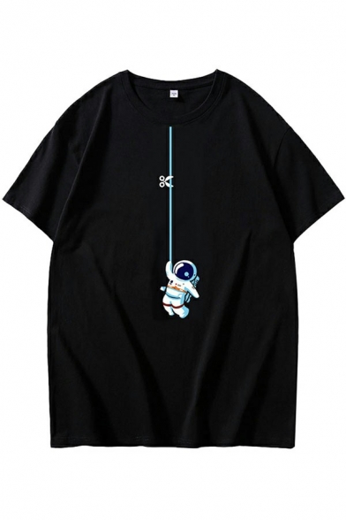Guys Soft T-Shirt Cartoon Astronaut Patterned Round Neck Short Sleeve Oversized T-Shirt