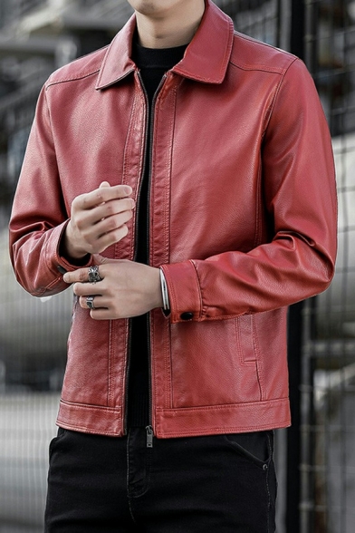 Hot Jacket Solid Color Turn-down Collar Zip Placket Long-sleeved PU Jacket for Guys