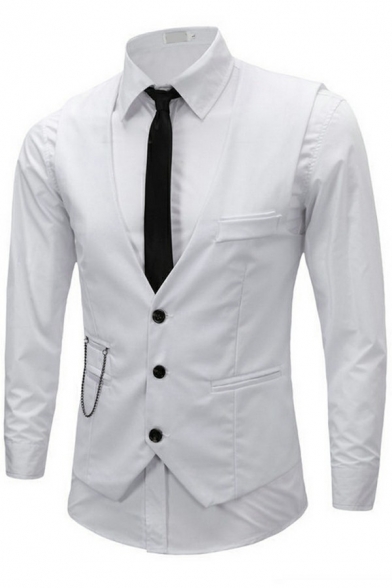 Leisure Suit Vest Pure Color V-Neck Sleeveless Pocket Detail Slim Fitted Suit Vest for Men