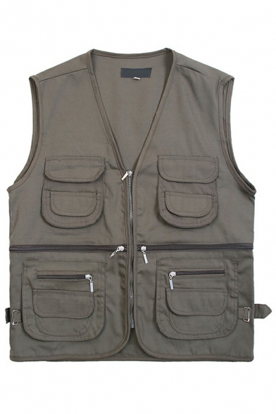 Leisure Vest Plain Color V-Neck Zip Closure Flap Pocket Design Relaxed Fit Vest for Men