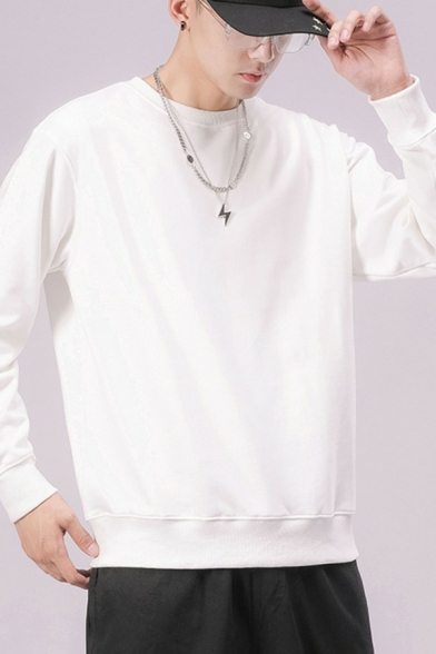 Men Chic Hoody Solid Color Round Neck Rib Cuffs Long-Sleeved Regular Fit Hoody
