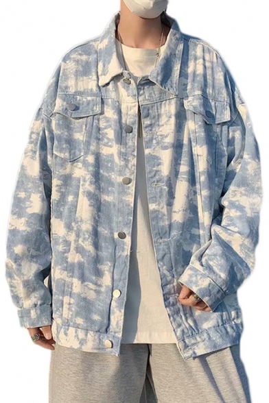 Men Freestyle Jacket Tie-Dyed Print Long Sleeve Button Placket Side Pocket Relaxed Fit Denim Jacket