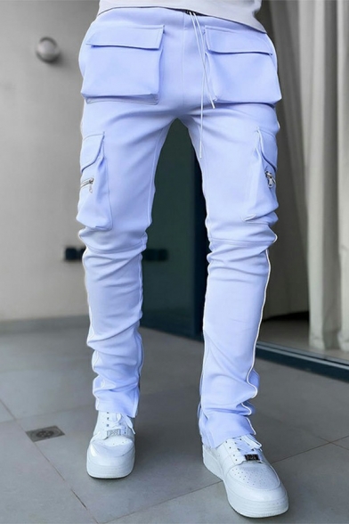 Men Leisure Drawstring Pants Solid Color  Elastic Waist Loose Fitted Pants with Pockets