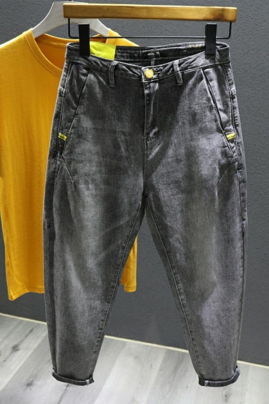 Men Retro Denim Pants Solid Color Zip Fly Pocket Detailed Relaxed Fit Denim Pants