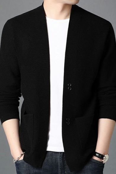 Men's Basic Cardigan Plain Button Fly V-Neck Side Pocket Regular Fit Long Sleeve Cardigan