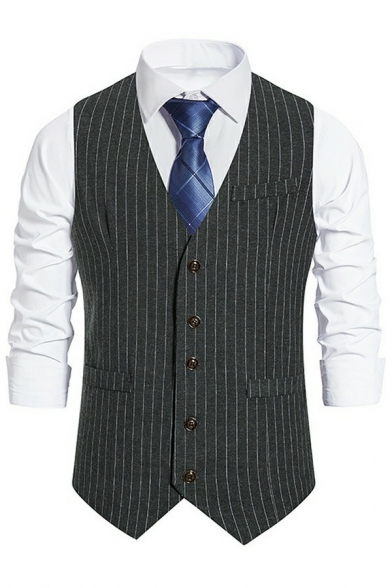 Men's Fashionable Suit Vest Striped Printed Sleeveless V-Neck Front Pocket Regular Fitted Suit Vest