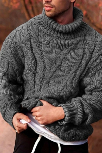 Men's Thermal Sweater Whole Colored Rib Cuffs High Neck Long Sleeves Relaxed Fit Sweater