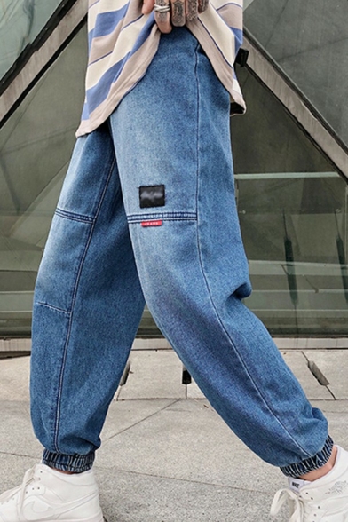 Men Trendy Denim Pants Solid Color Zip-Fly Pocket Detailed Loose Denim Pants