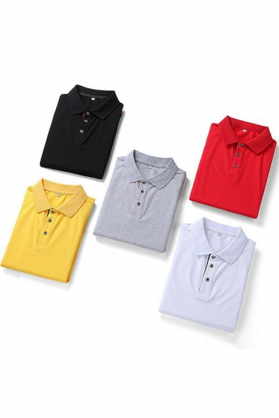Men Trendy Pure Color Polos Button Closure Lapel Collar Short-Sleeved Regular Fit Polos