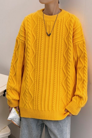 Men Warm Pullover Whole Colored Cable Knit Crew Neck Baggy Long-sleeved Pullover