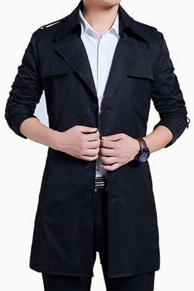 Metrosexual Coat Pure Color Button Up Turn-down Collar Long Sleeves Slim Fit Coat for Men
