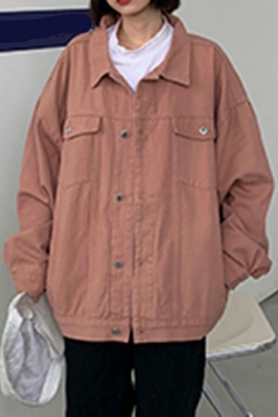 Popular Denim Jacket Pure Color Side Pocket Button-up Long Sleeve Oversized Denim Jacket for Guys