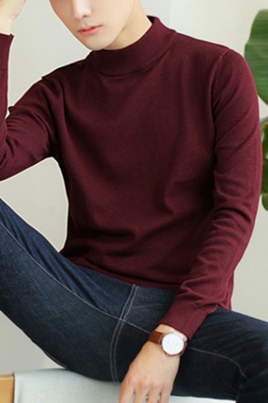 Popular Guy's Sweater Pure Color Rib Cuffs Mock Neck Long Sleeve Slim Fitted Pullover