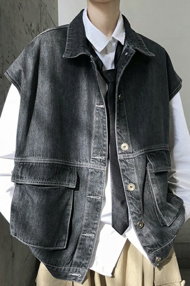 Popular Mens Denim Vest Pure Color Sleeveless Lapel Collar Pocket Detail Regular Fitted Vest