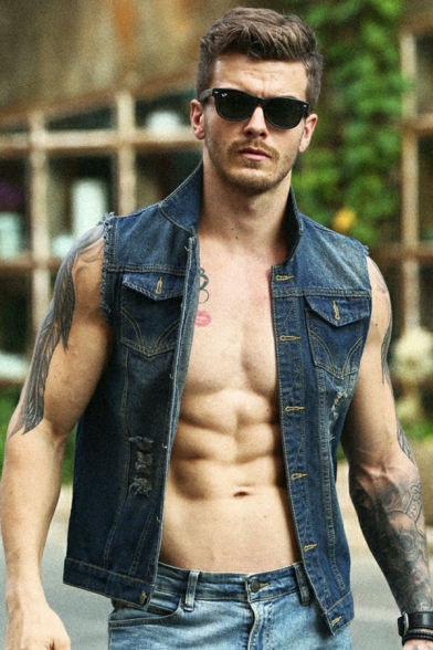Popular Mens Denim Vest Solid Color Button down Sleeveless Turn down Collar Fitted Vest