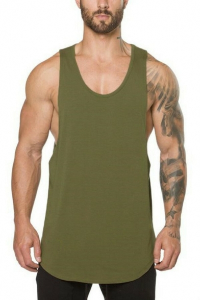 Popular Plain Color Tank Top Crew Neck Sleeveless Curve Hem Relaxed Fit Tank Top for Men