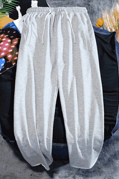 Retro Boys Pants Solid Color Drawstring Elasticated Waist Baggy Mid Rise Long Length Pants