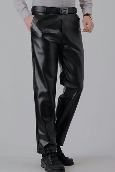 Retro Men's Pants Solid Color Side Pocket Full Ankle Straight Leather Pants