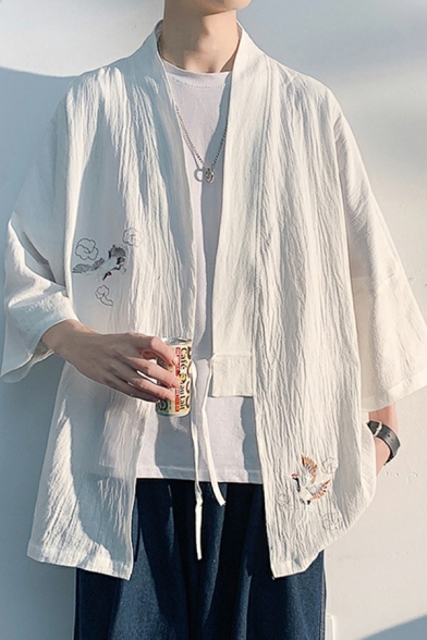 Simple Men's Coat Crane Print Lace Up 3/4 Sleeve Oversized Coat