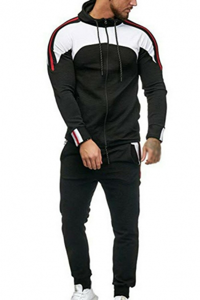 Sporty Men's Co-ords Color Panel Drawstring Hoodie Zipper Long Length Pants Regular Co-ords