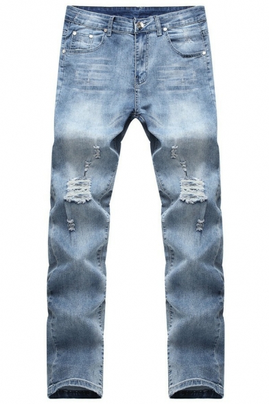 Street Look Plain Men's Jeans Zip Closure Mid Rise Destroyed Design Slim Cut Jeans