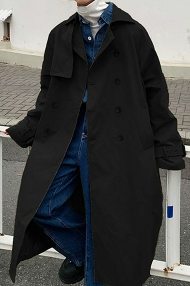 Street Style Coat Solid Notched Collar Long Sleeves Regular Fitted Button Up Trench Coat for Boys