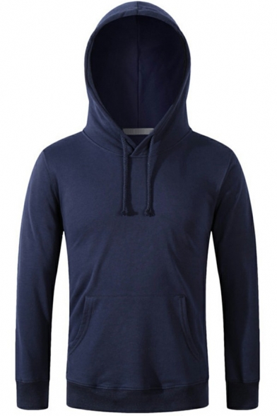 Stylish Drawstring Hoodie Solid Color Long-Sleeved Pocket Detail Rib Cuffs Loose Fit Hoodie for Men