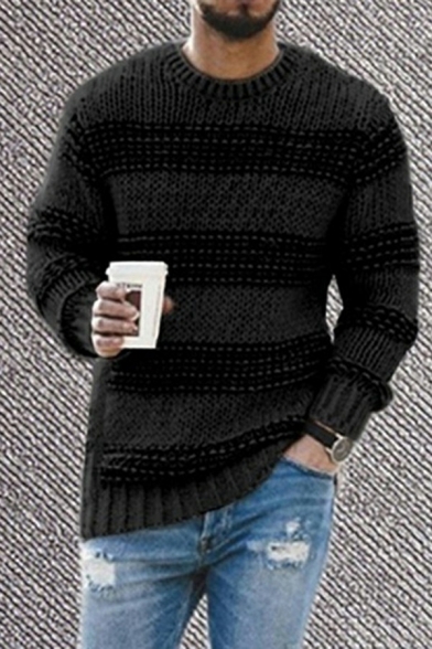 Stylish Sweater Stripe Printed Color Block Crew Neck Long-sleeved Relaxed Sweater for Men