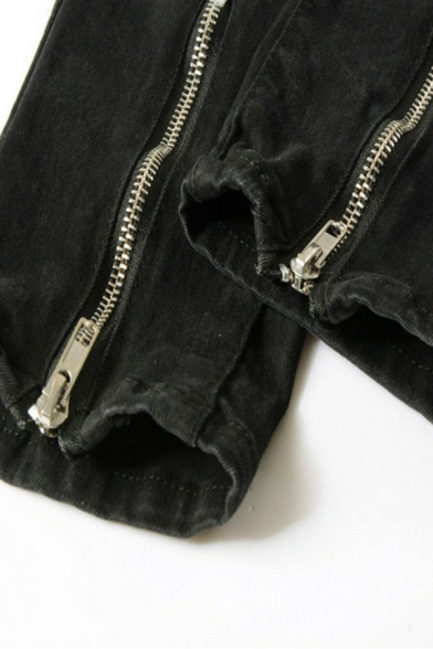 Trendy Plain Jeans Destroyed Zippered Vent Zip Closure Mid Rise Slim Cut Jeans for Mens