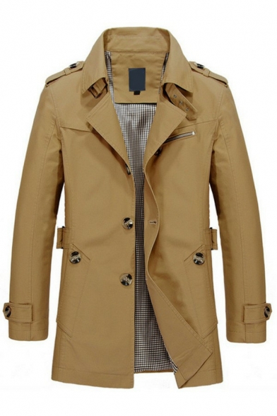 Unique Coat Pure Color Notched Collar Long Sleeve Relaxed Single-Breasted Trench Coat for Guys