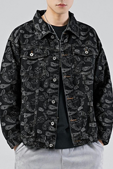 Urban Paisley Pattern Mens Jacket Single Breasted Lapel Collar Multi-Pockets Relaxed Fitted Denim Jacket