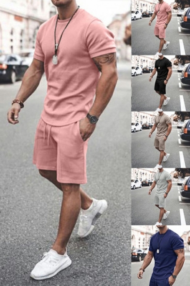 Urban Set Pure Color Round Neck Short Sleeved Regular Fitted Tee Top & Drawstring Relaxed Shorts Set for Men