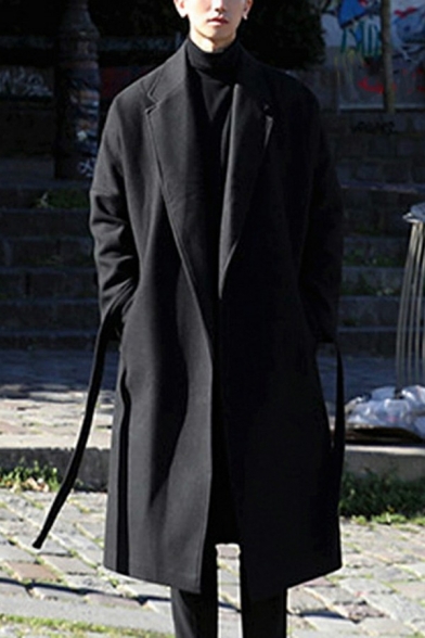 Baggy Men's Coat Whole Colored Open Front Belt Decorated Long Length Loose Fit Coat