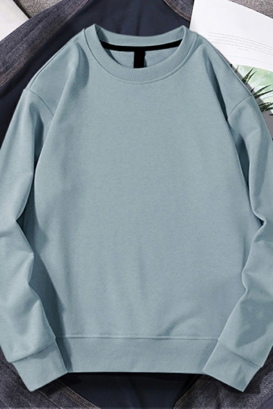 Basic Mens Sweatshirt Pure Color Crew Neck Long-Sleeve Rib Cuffs Loose Fitted Sweatshirt