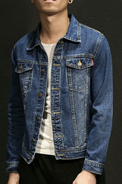 Boy's Basic Jacket Solid Lapel Collar Chest Pocket Long-sleeved Regular Fitted Button-up Denim Jacket