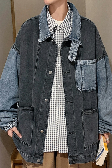 Boyish Jacket Color Block Breast Pocket Long Sleeve Turn-down Collar Loose Fitted Button Down Denim Jacket for Guys