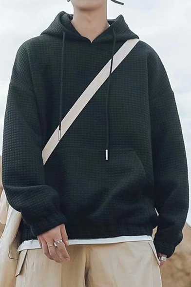 Comfortable Hoodie Drawcord Waffle Kangaroo Pocket Long Sleeve Regular Fit Hooded Sweatshirt for Men