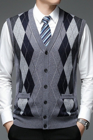 Cool Mens Vest Plaid Printed Sleeveless V-Neck Button Closure Regular Fitted Sweater Vest