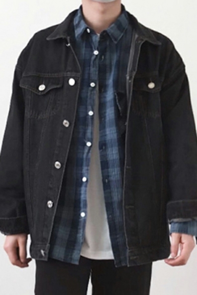 Dashing Mens Denim Jacket Pure Color Spread Collar Long-Sleeved Flap Pockets Relaxed Fit Denim Jacket