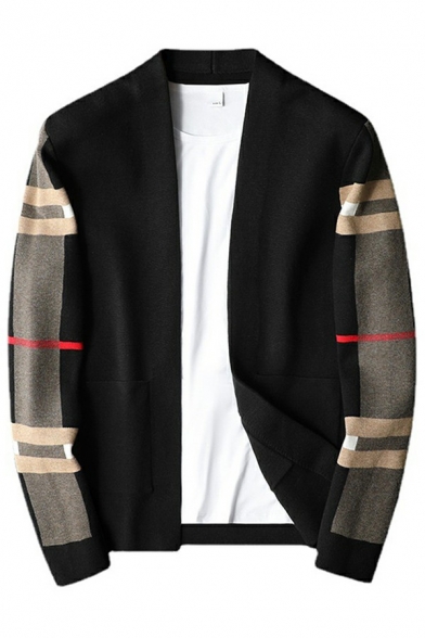 Edgy Mens Cardigan Contrast Line Pocket Detailed Slim Fitted Long-Sleeved Open Front Cardigan